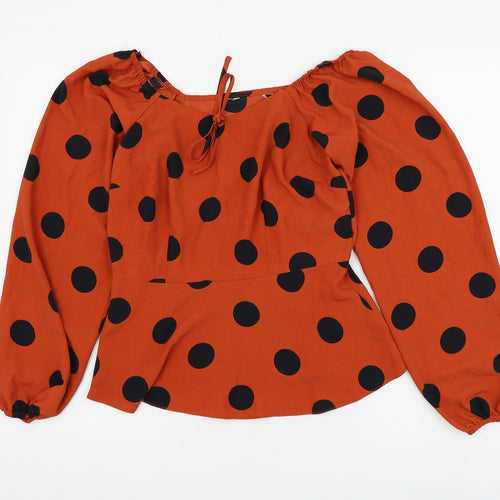 Preworn Womens Orange Polka Dot Polyester Basic Blouse Size 8 Square Neck
