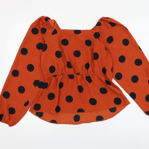 Preworn Womens Orange Polka Dot Polyester Basic Blouse Size 8 Square Neck