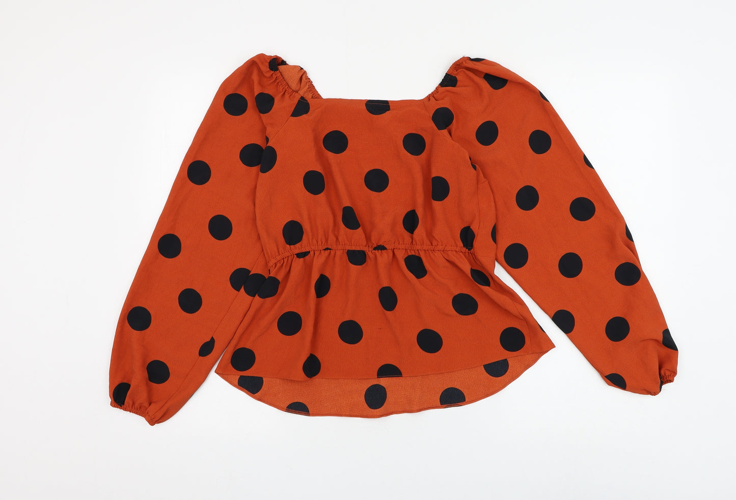 Preworn Womens Orange Polka Dot Polyester Basic Blouse Size 8 Square Neck
