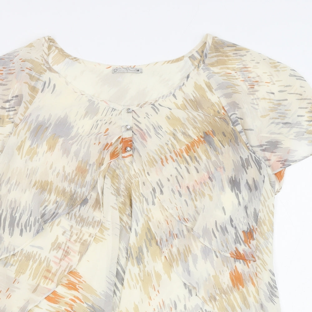 Preworn Womens Beige Geometric Polyester Basic Blouse Size 18 V-Neck