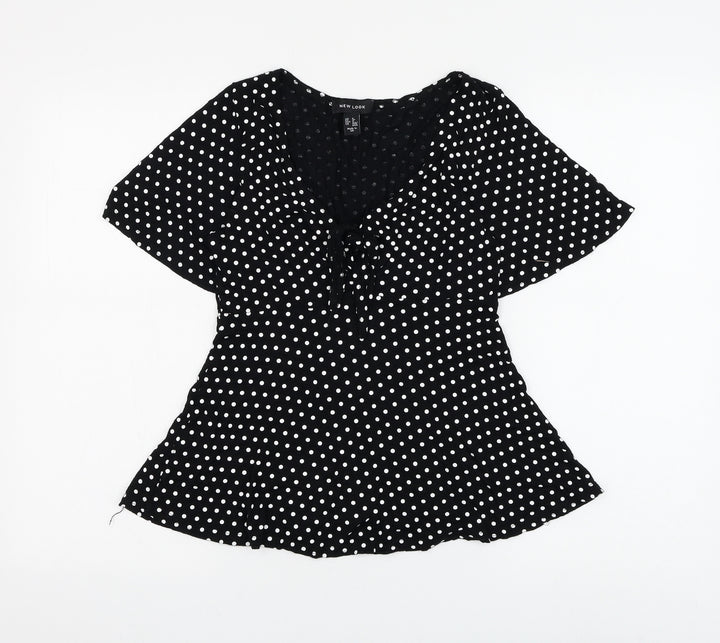 New Look Womens Black Polka Dot Polyester Basic Blouse Size 8 V-Neck - Knot Front