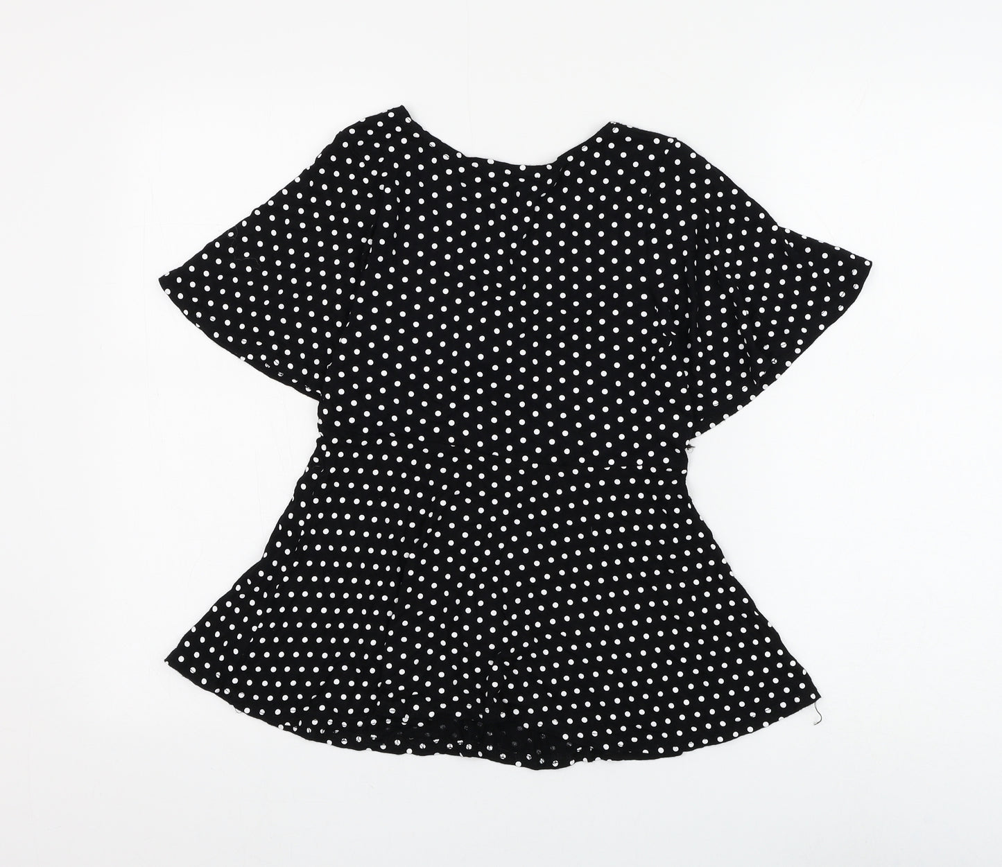 New Look Womens Black Polka Dot Polyester Basic Blouse Size 8 V-Neck - Knot Front