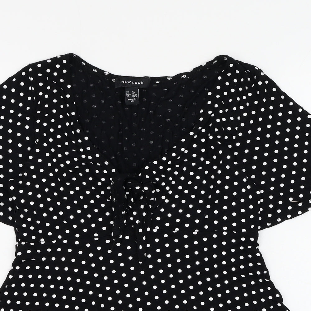 New Look Womens Black Polka Dot Polyester Basic Blouse Size 8 V-Neck - Knot Front