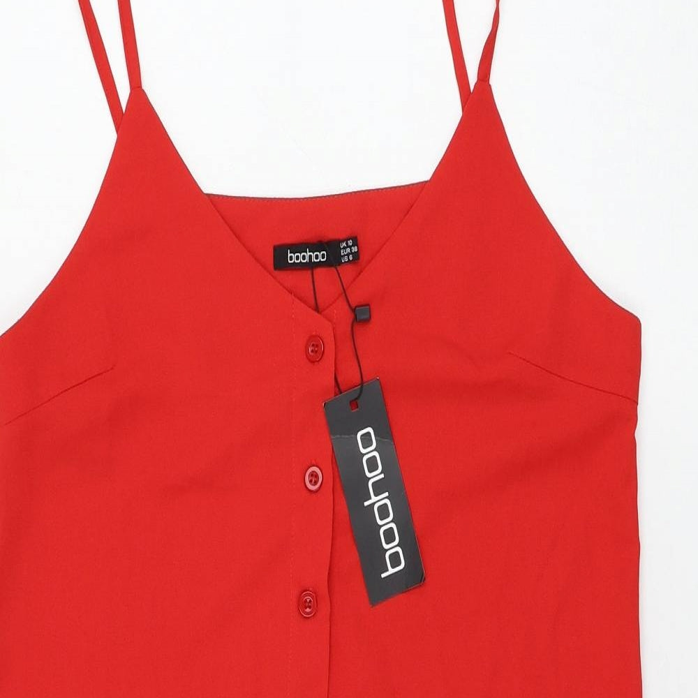 Boohoo Womens Red Polyester Basic Blouse Size 10 V-Neck