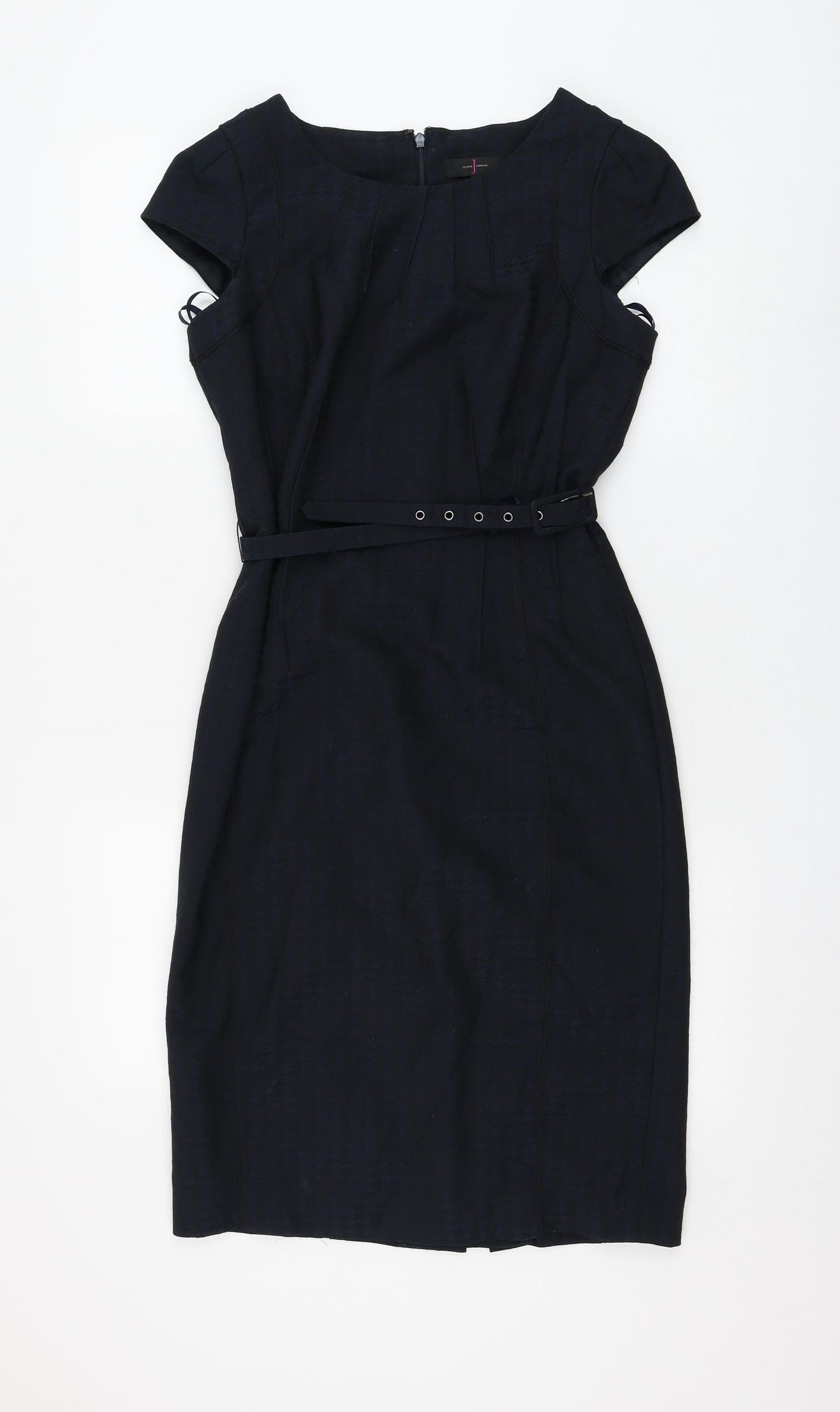 Jasper Conran Womens Blue Houndstooth Polyester Shift Size 10 Round Neck Zip