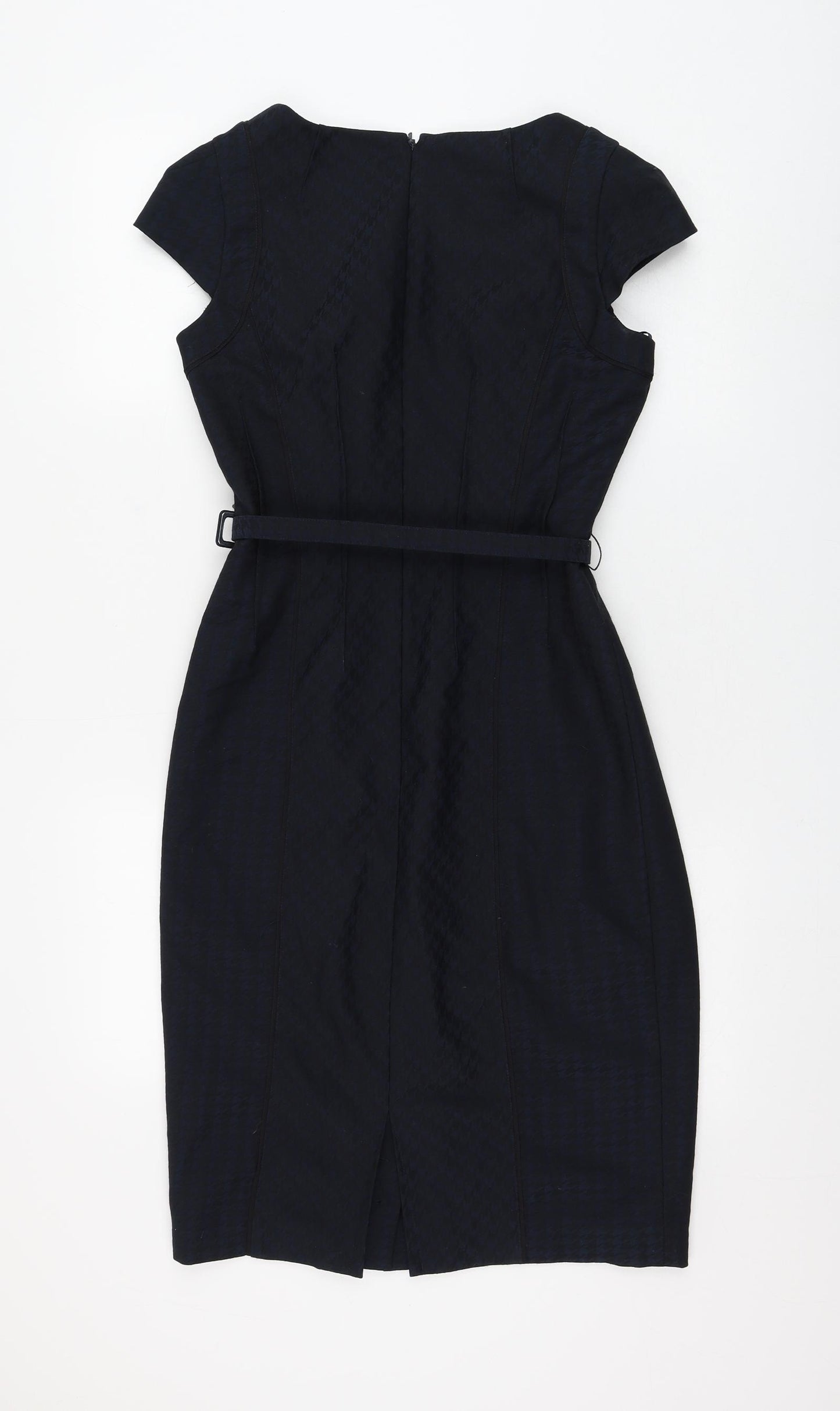 Jasper Conran Womens Blue Houndstooth Polyester Shift Size 10 Round Neck Zip