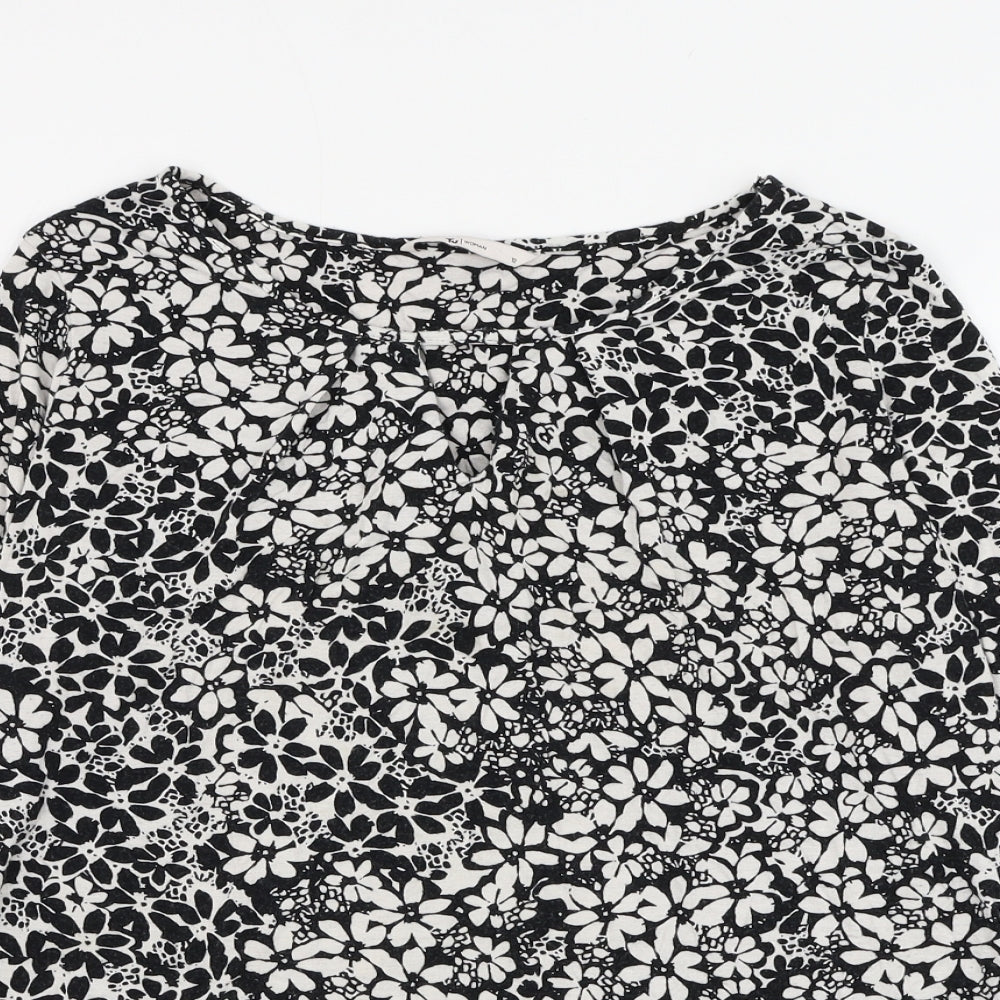 TU Womens Black Floral Viscose Basic Blouse Size 12 Round Neck