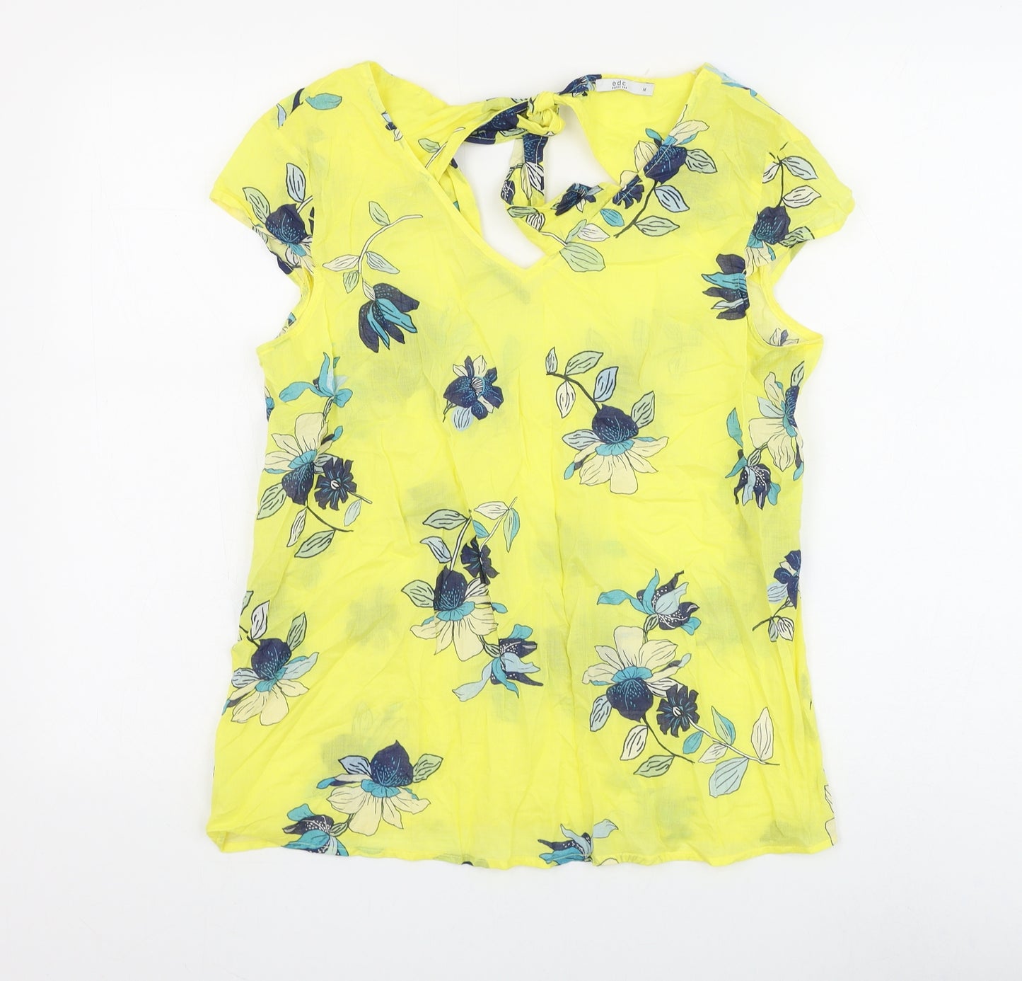 EDC Womens Yellow Floral Polyester Basic Blouse Size M V-Neck