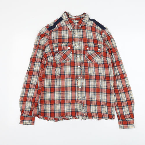 Marks and Spencer Womens Red Plaid Cotton Basic Button-Up Size 10 Collared