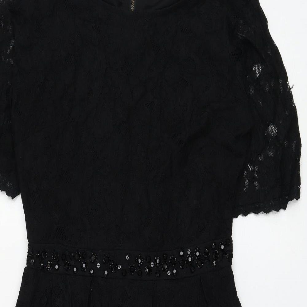 Yumi Womens Black Floral Nylon Shift Size 10 Round Neck Zip