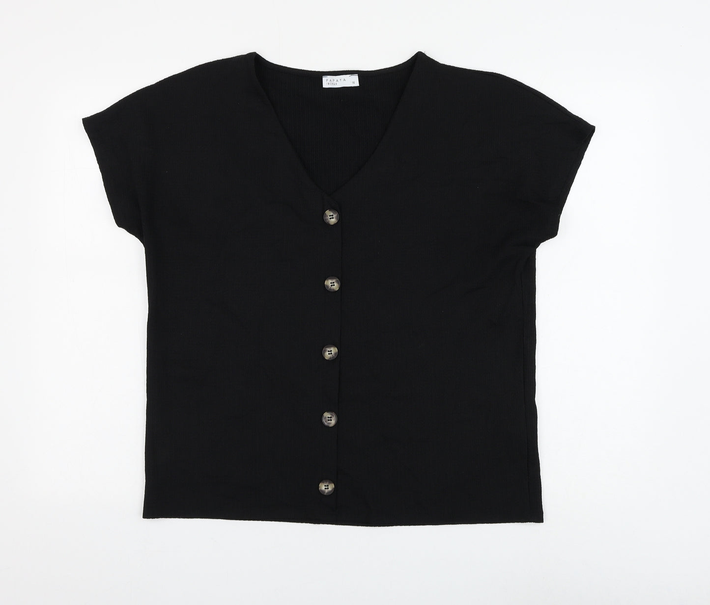 Papaya Womens Black Polyester Basic Button-Up Size 16 V-Neck