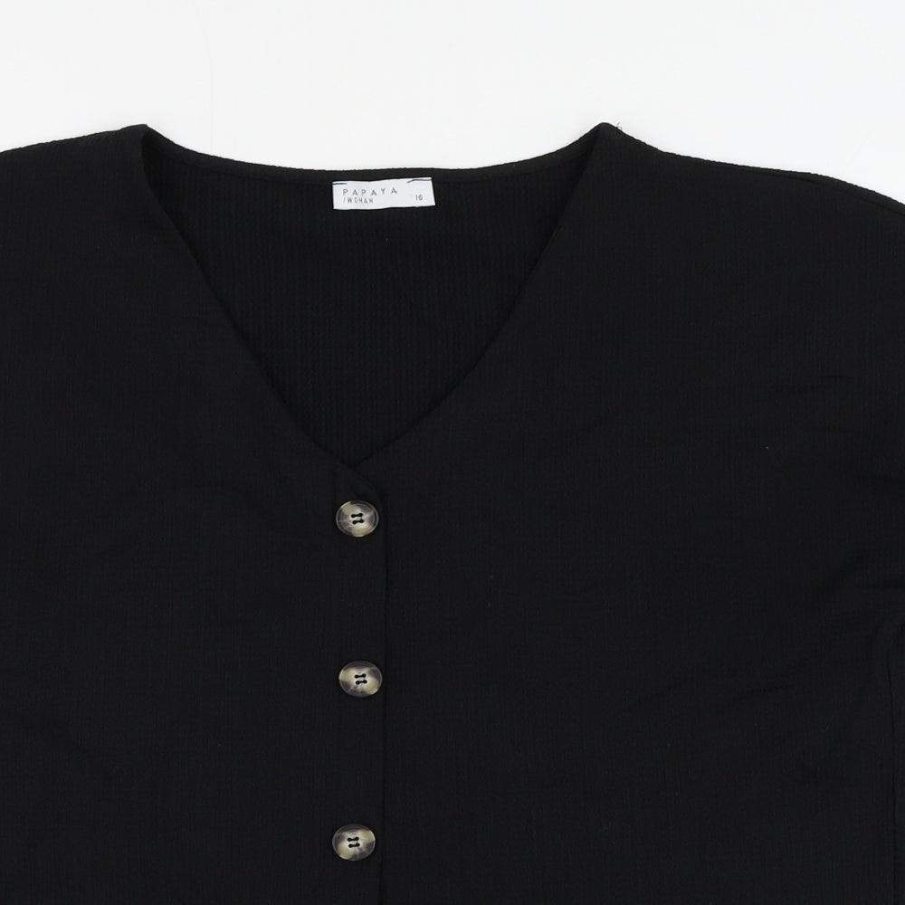 Papaya Womens Black Polyester Basic Button-Up Size 16 V-Neck