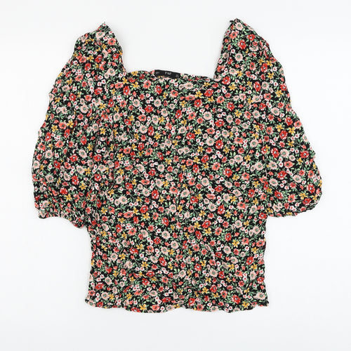 F&F Womens Black Floral Viscose Basic Blouse Size 8 Square Neck