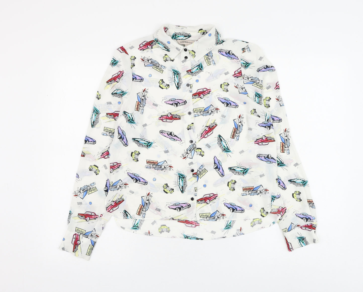 Marks and Spencer Womens White Geometric Polyester Basic Button-Up Size 8 Collared - Retro Car