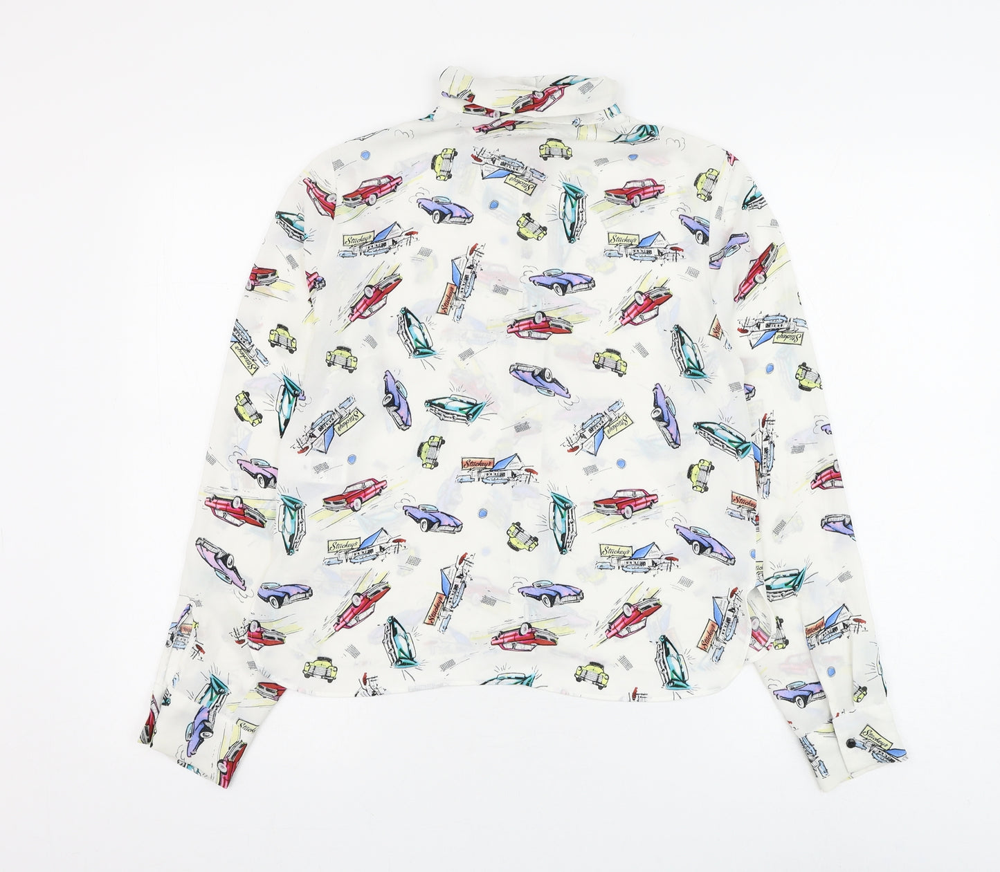 Marks and Spencer Womens White Geometric Polyester Basic Button-Up Size 8 Collared - Retro Car