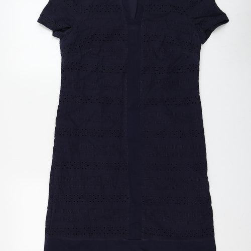 Marks and Spencer Womens Blue Geometric Cotton Shift Size 12 V-Neck Zip