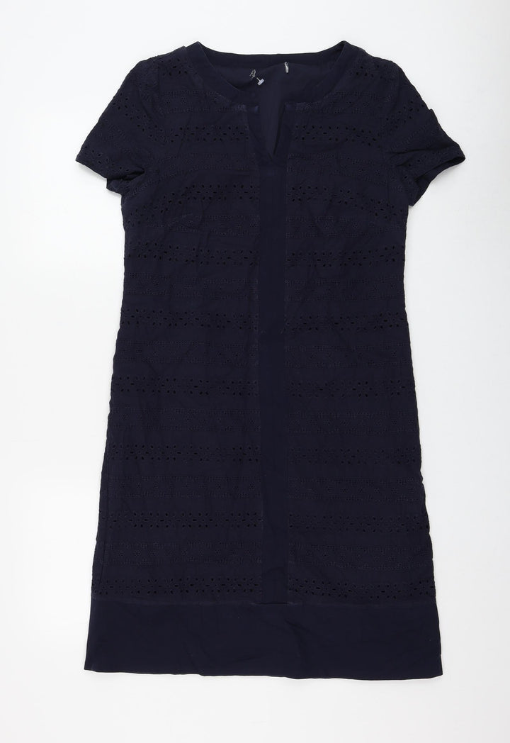 Marks and Spencer Womens Blue Geometric Cotton Shift Size 12 V-Neck Zip