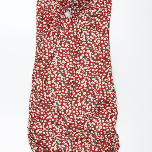 SheIn Womens Red Floral Polyester Pencil Dress Size S V-Neck Pullover - Ruched