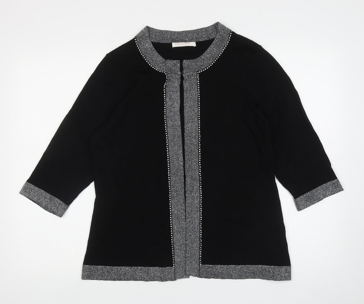 Anna Rose Womens Black Round Neck Viscose Cardigan Jumper Size L - Hook and eye