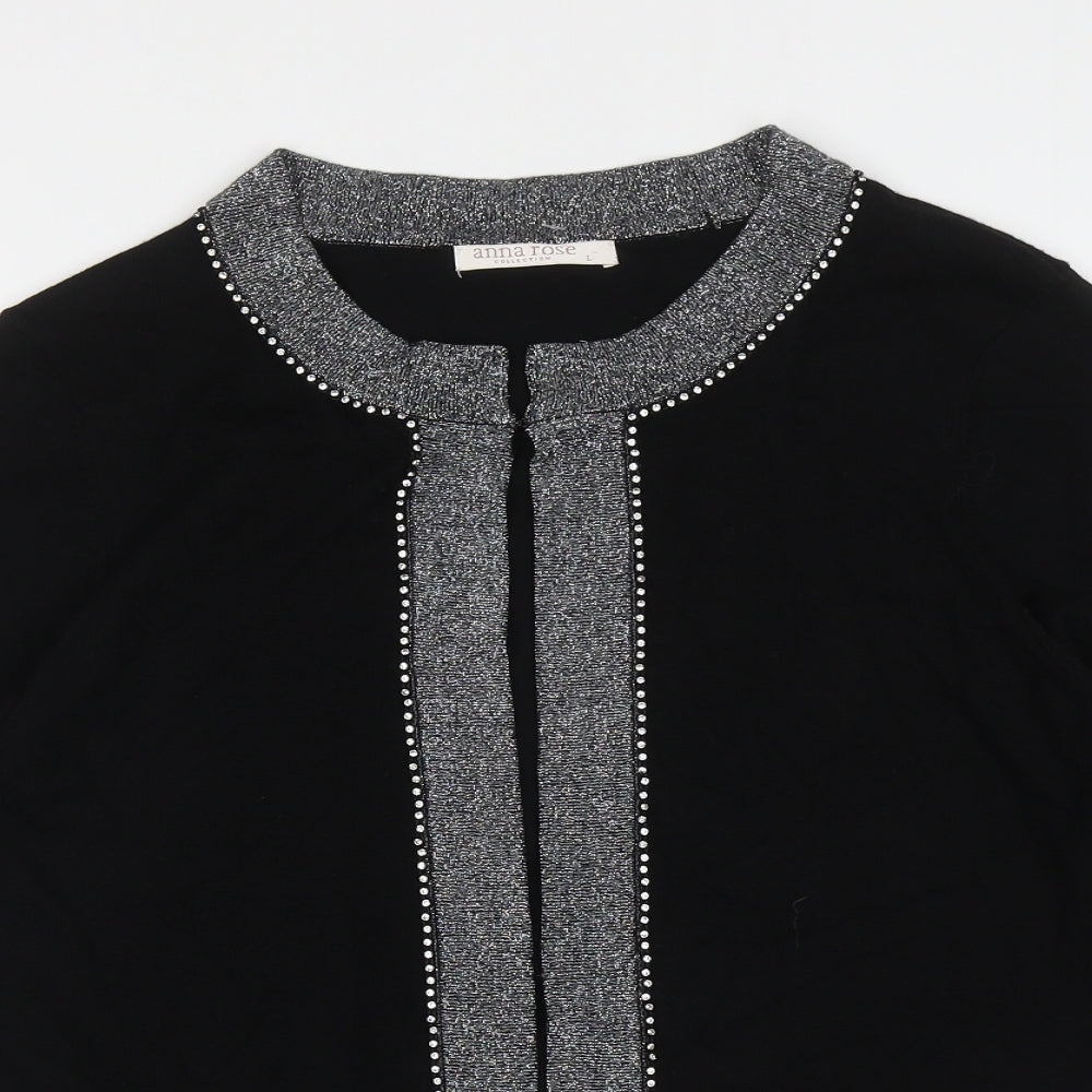 Anna Rose Womens Black Round Neck Viscose Cardigan Jumper Size L - Hook and eye