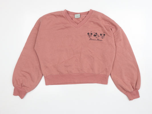 Front view of Primark women’s pink polyester pullover sweatshirt, size S, pullover - minnie mouse
