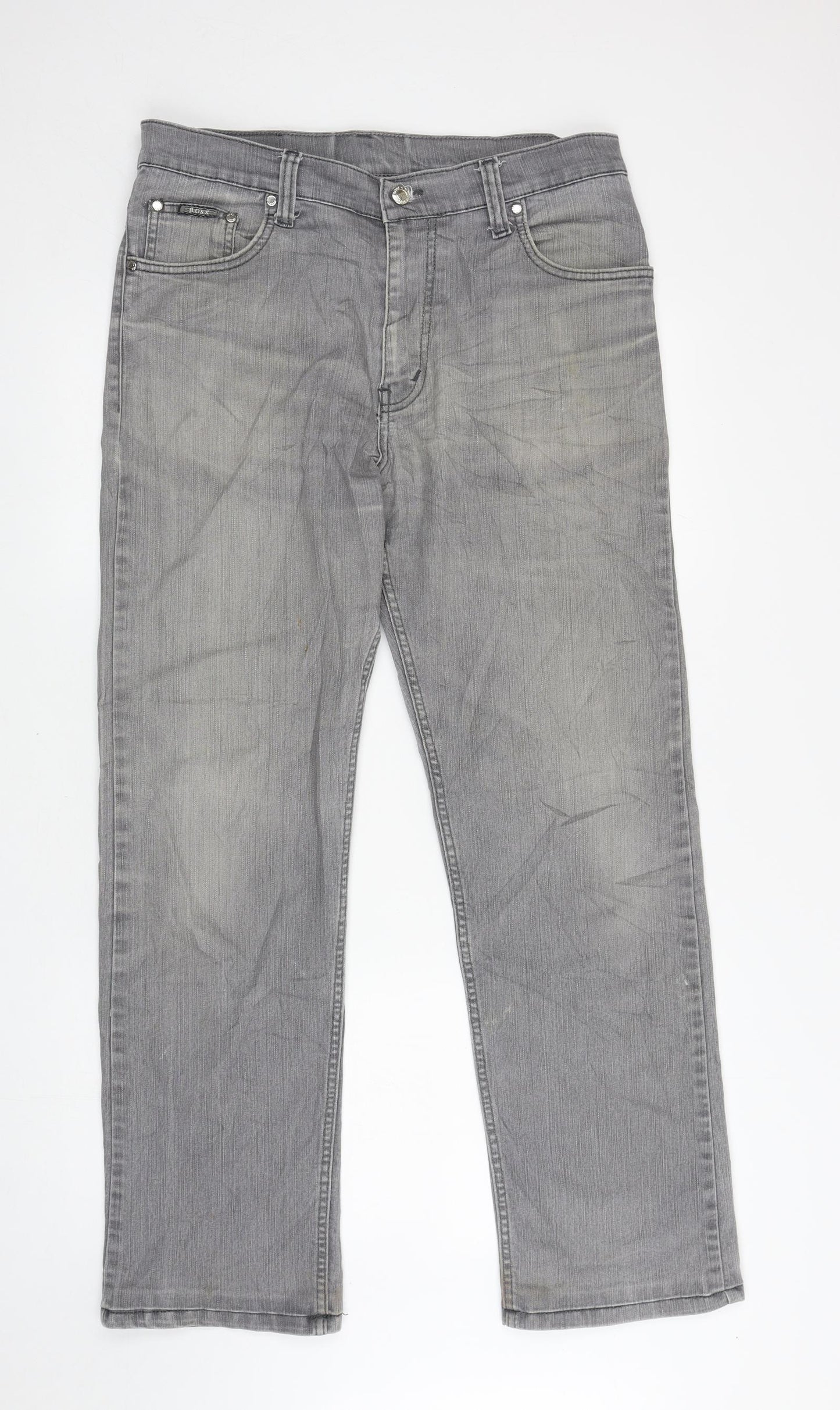 Hugo Boss Mens Grey Cotton Straight Jeans Size 33 in L30 in Regular Zip