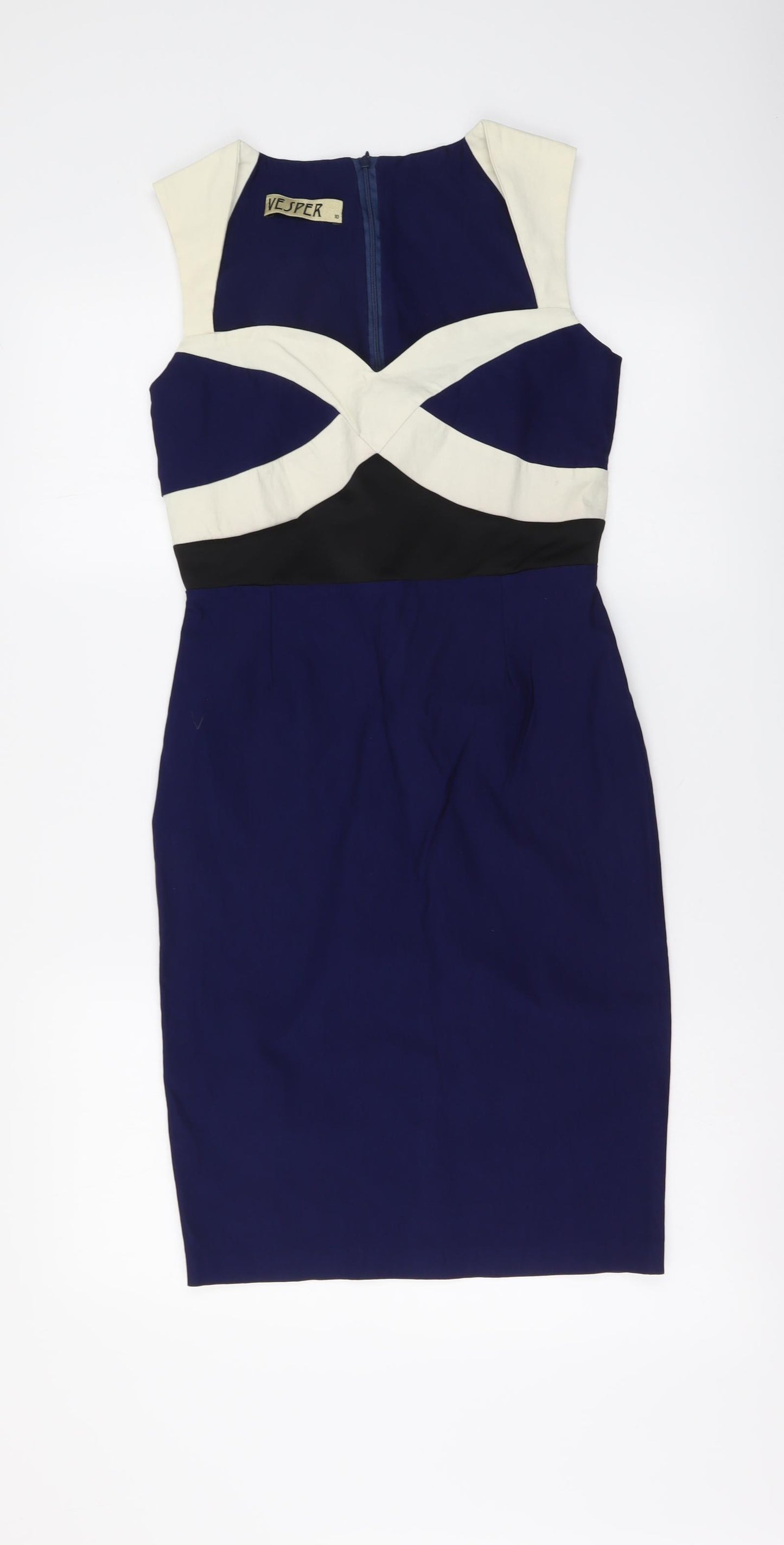 Vesper Womens Blue Colourblock Viscose Bodycon Size 10 V-Neck Zip