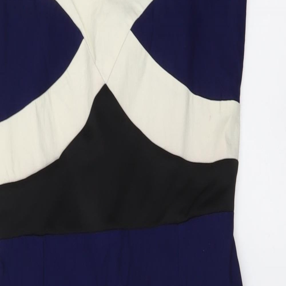 Vesper Womens Blue Colourblock Viscose Bodycon Size 10 V-Neck Zip