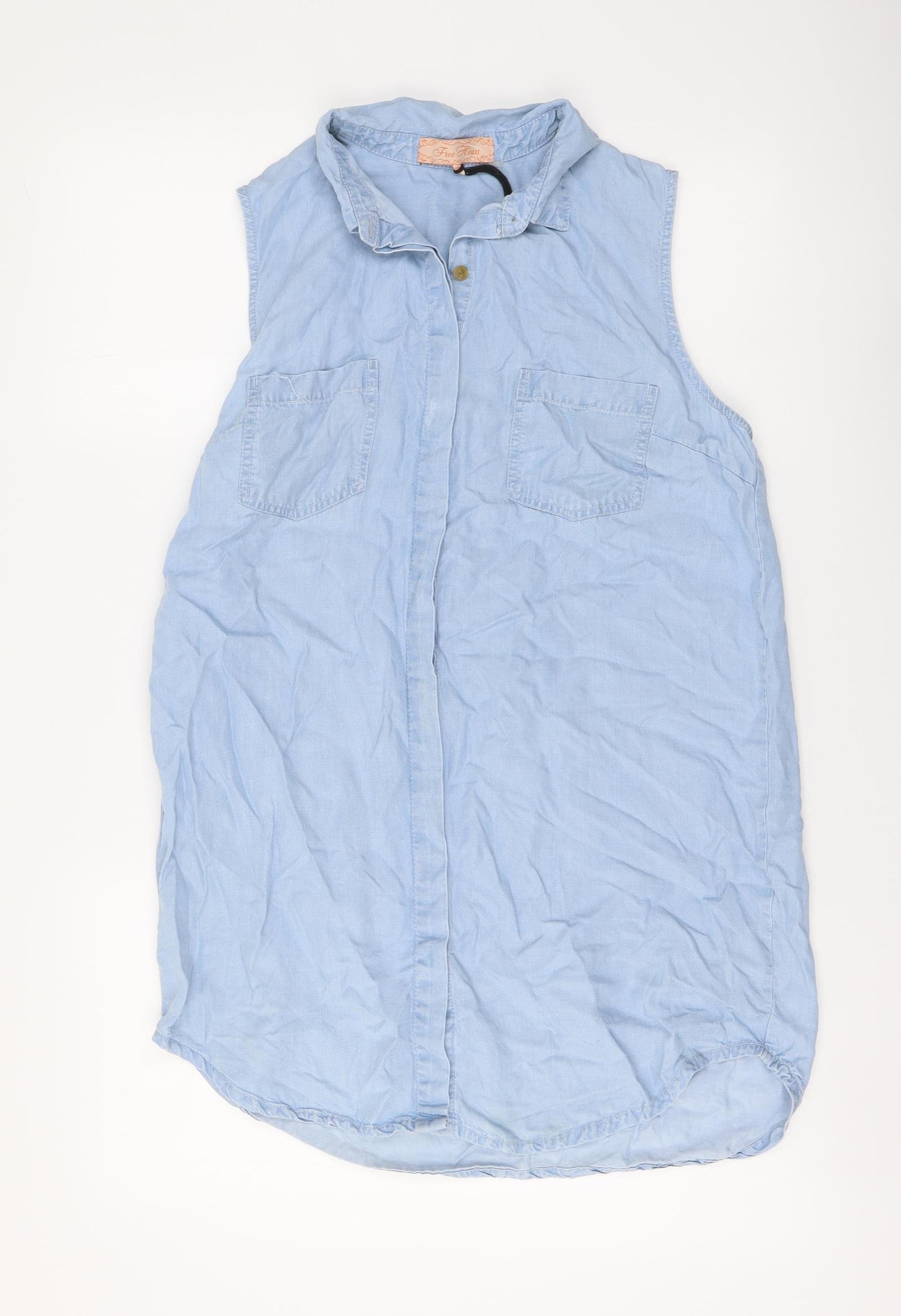Free Heart Womens Blue Cotton Basic Button-Up Size S Collared