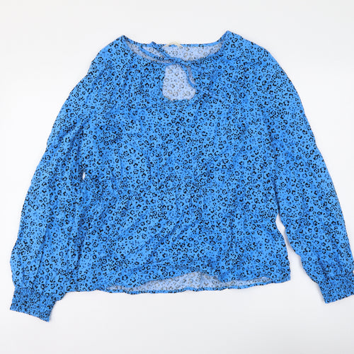 Hush Womens Blue Animal Print Linen Basic Blouse Size 12 Round Neck - Leopard skin pattern