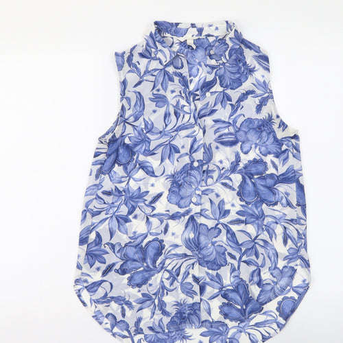H&M Womens Blue Floral Polyester Basic Button-Up Size 4 Collared