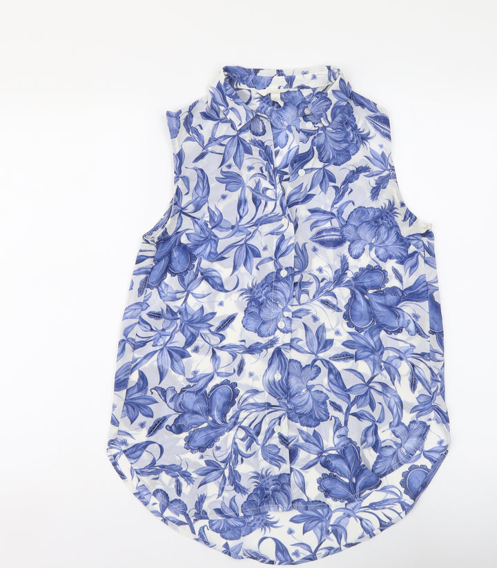 H&M Womens Blue Floral Polyester Basic Button-Up Size 4 Collared