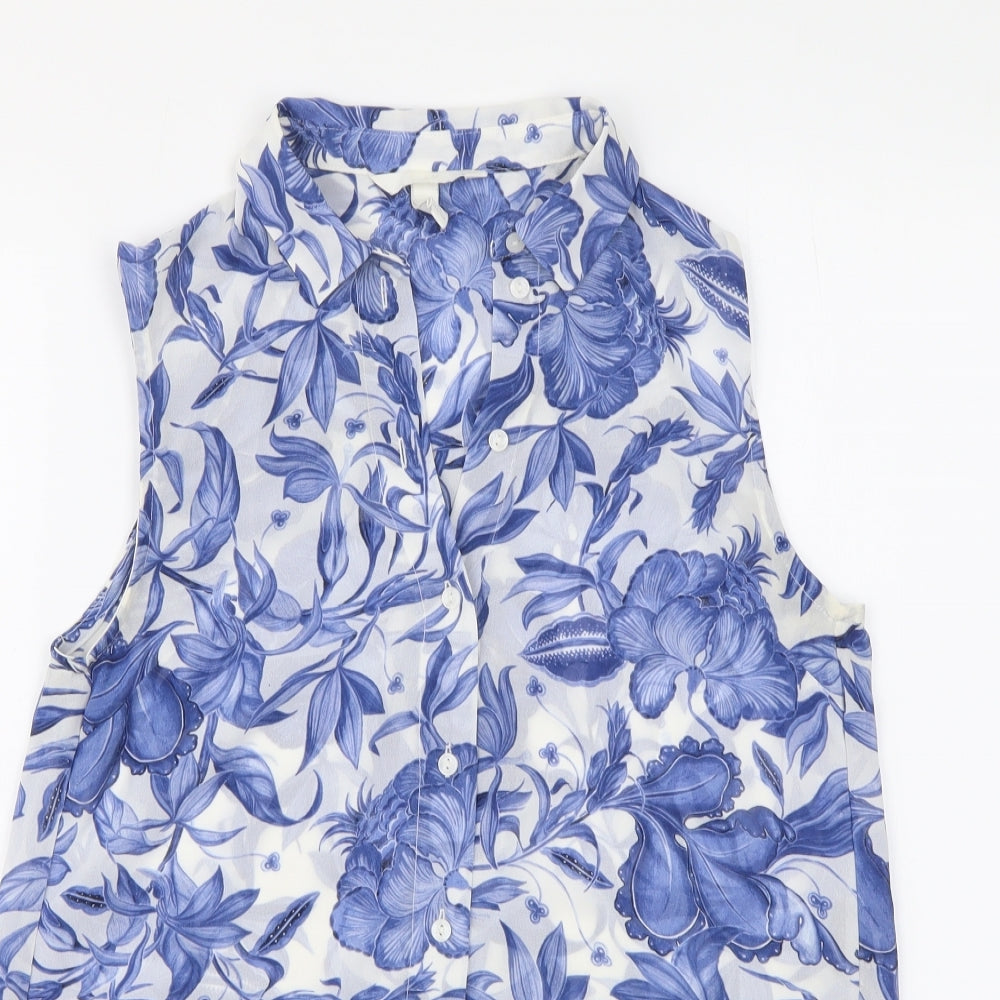 H&M Womens Blue Floral Polyester Basic Button-Up Size 4 Collared