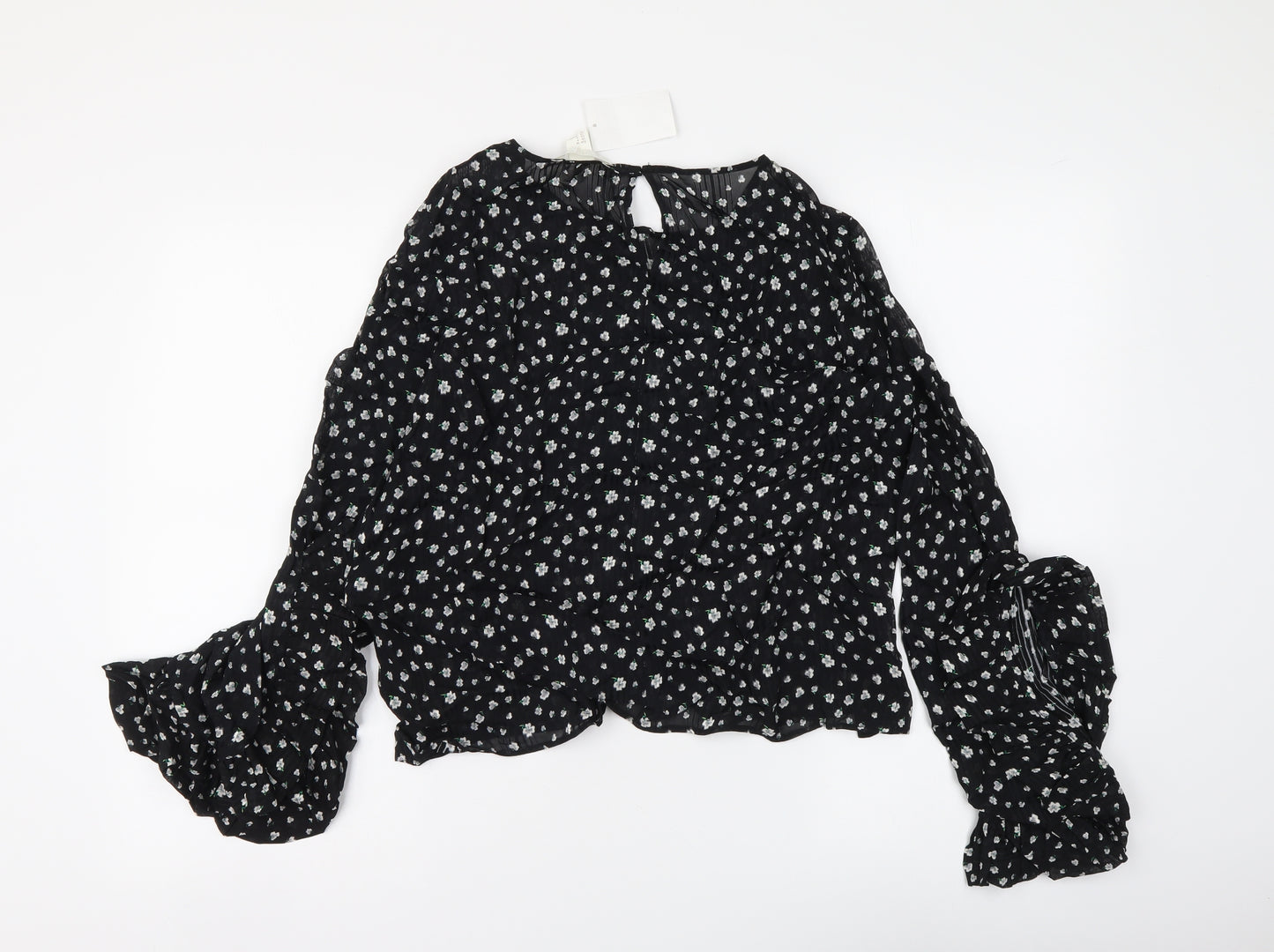 H&M Womens Black Floral Polyester Basic Blouse Size M Round Neck