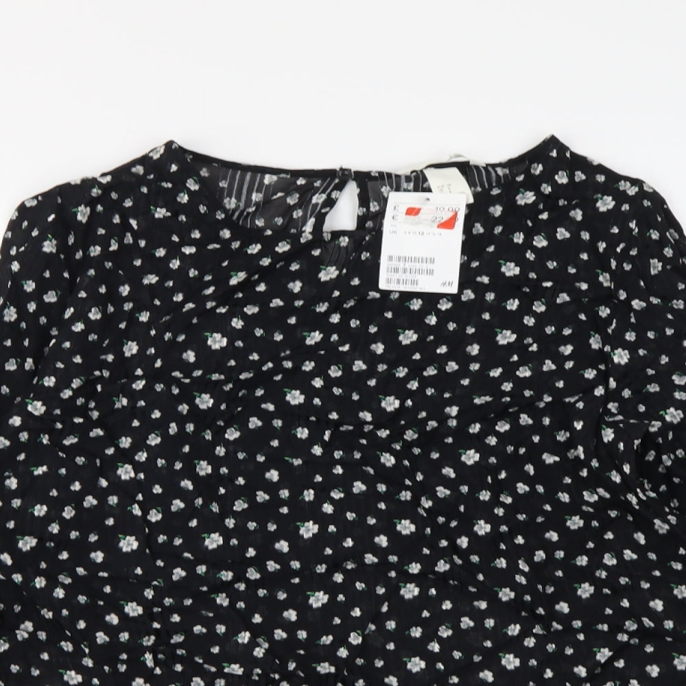 H&M Womens Black Floral Polyester Basic Blouse Size M Round Neck