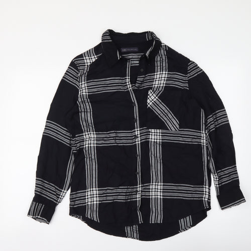 Marks and Spencer Womens Black Plaid Viscose Basic Button-Up Size 8 Collared