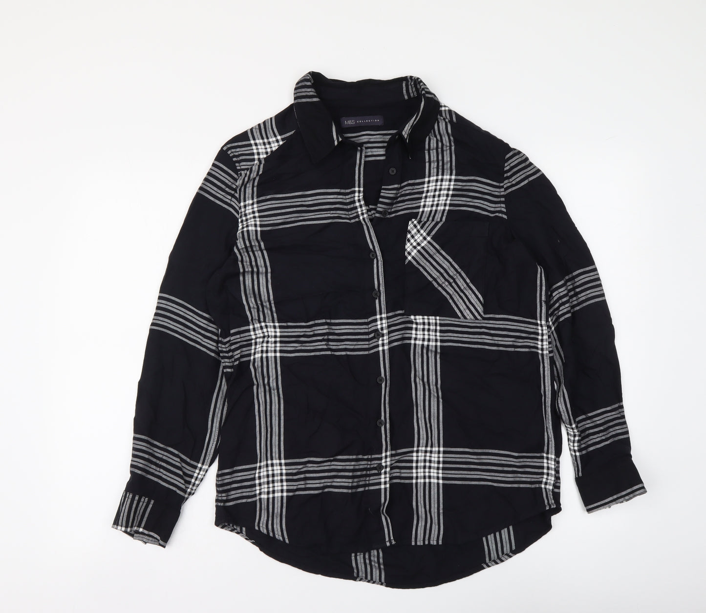 Marks and Spencer Womens Black Plaid Viscose Basic Button-Up Size 8 Collared
