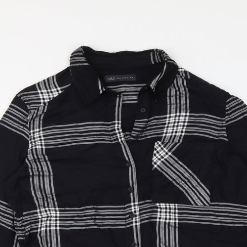 Marks and Spencer Womens Black Plaid Viscose Basic Button-Up Size 8 Collared