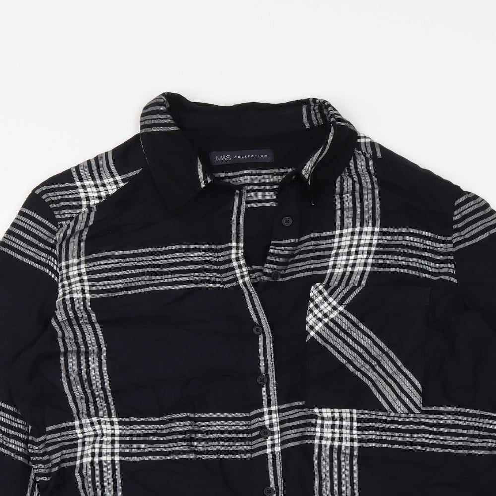 Marks and Spencer Womens Black Plaid Viscose Basic Button-Up Size 8 Collared
