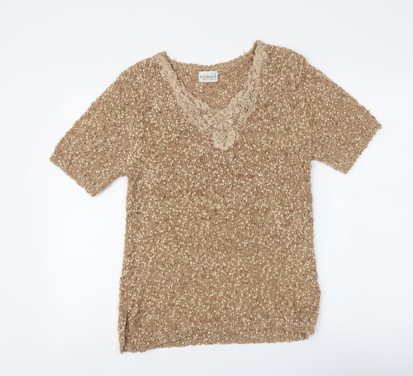 Roman Womens Beige Acrylic Basic Blouse Size 14 Round Neck - Lace Detail