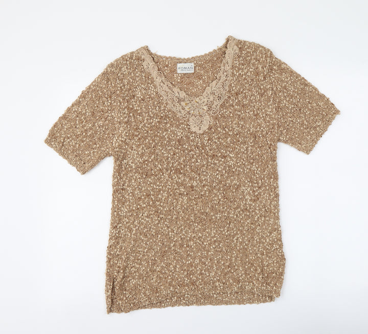 Roman Womens Beige Acrylic Basic Blouse Size 14 Round Neck - Lace Detail