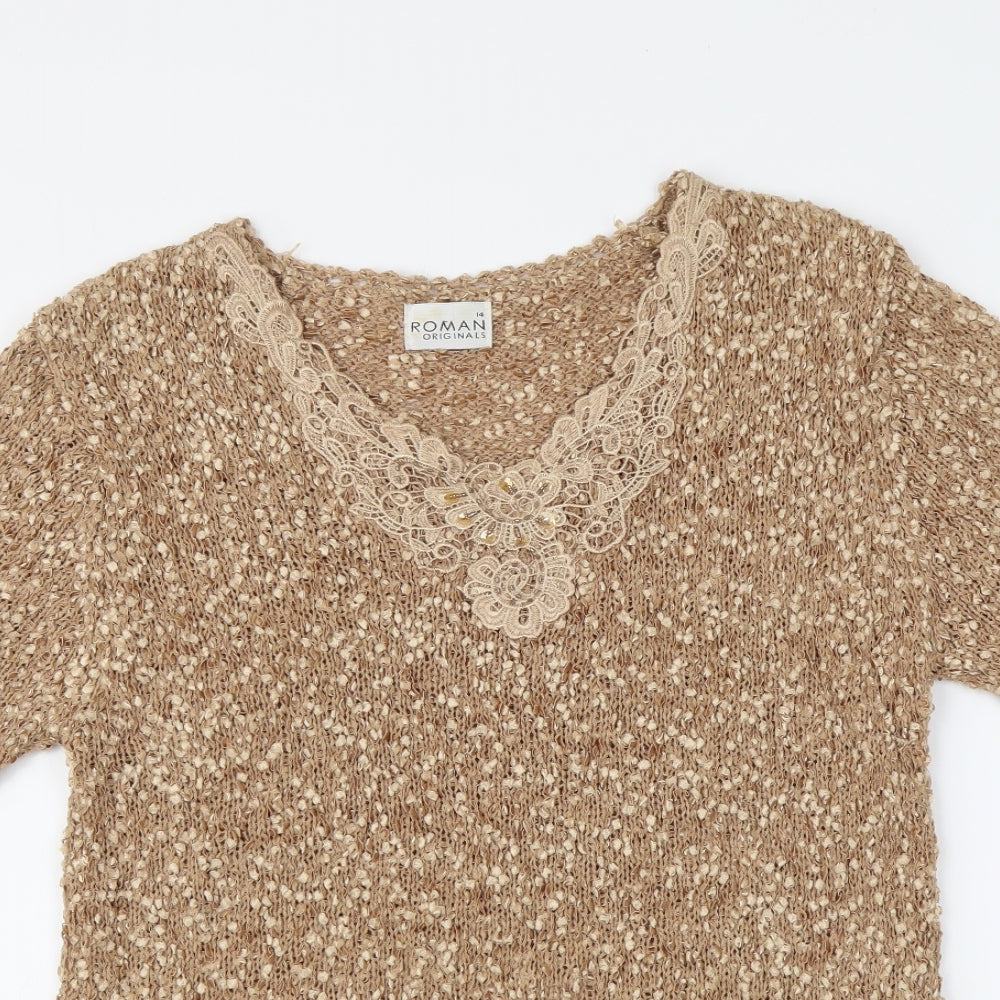 Roman Womens Beige Acrylic Basic Blouse Size 14 Round Neck - Lace Detail
