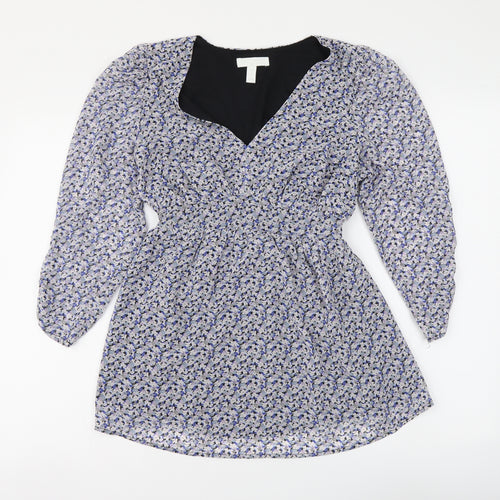 H&M Womens Blue Floral Polyester Basic Blouse Size S V-Neck