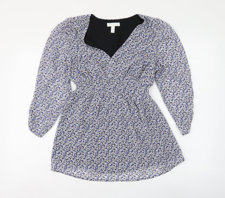 H&M Womens Blue Floral Polyester Basic Blouse Size S V-Neck