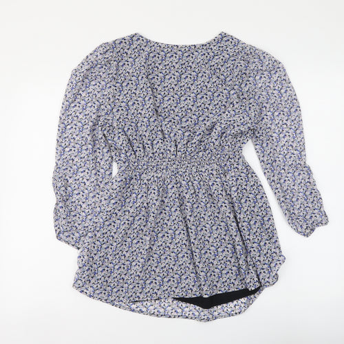 H&M Womens Blue Floral Polyester Basic Blouse Size S V-Neck