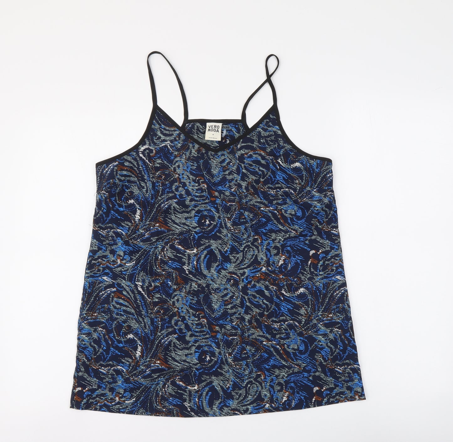 VERO MODA Womens Blue Geometric Polyester Basic Tank Size M V-Neck