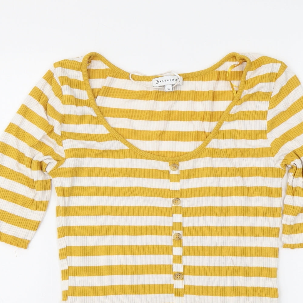 Warehouse Womens Yellow Striped Viscose Basic Blouse Size 10 Round Neck