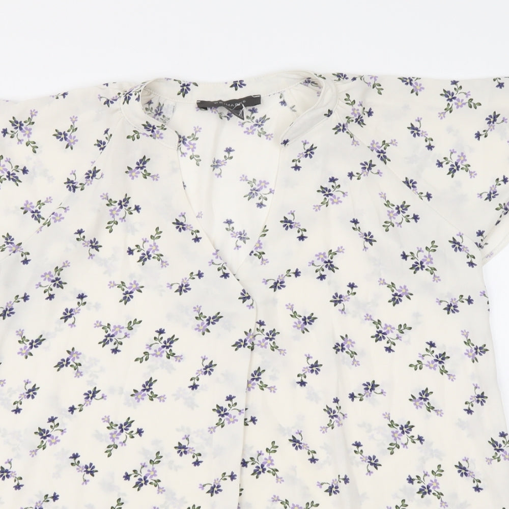 Primark Womens White Floral Polyester Basic Blouse Size 8 V-Neck