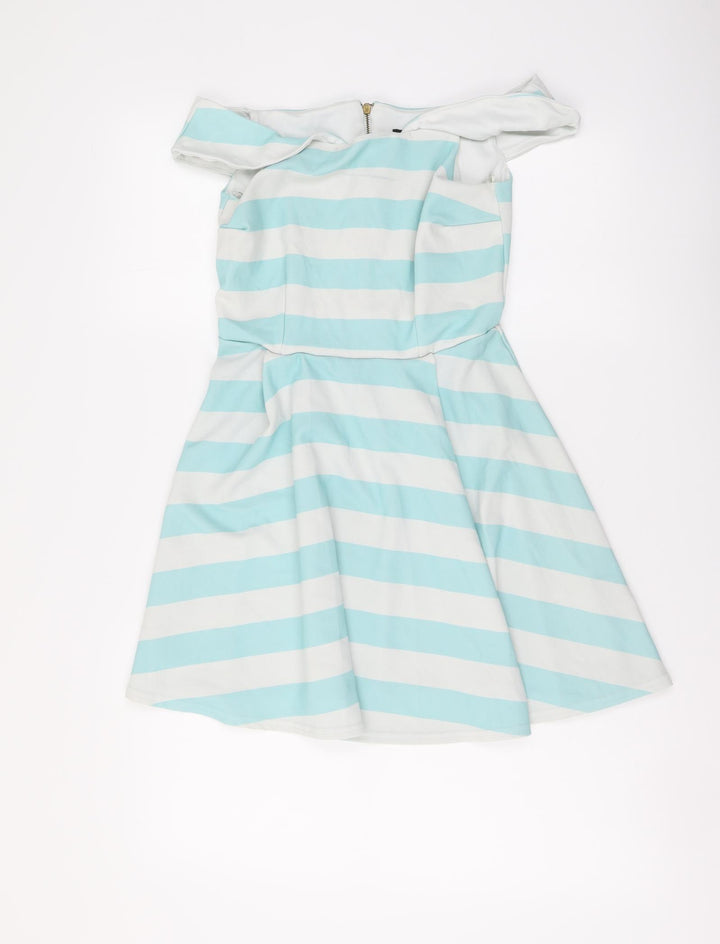 New Look Womens Blue Striped Polyester Mini Size 10 Off the Shoulder Zip