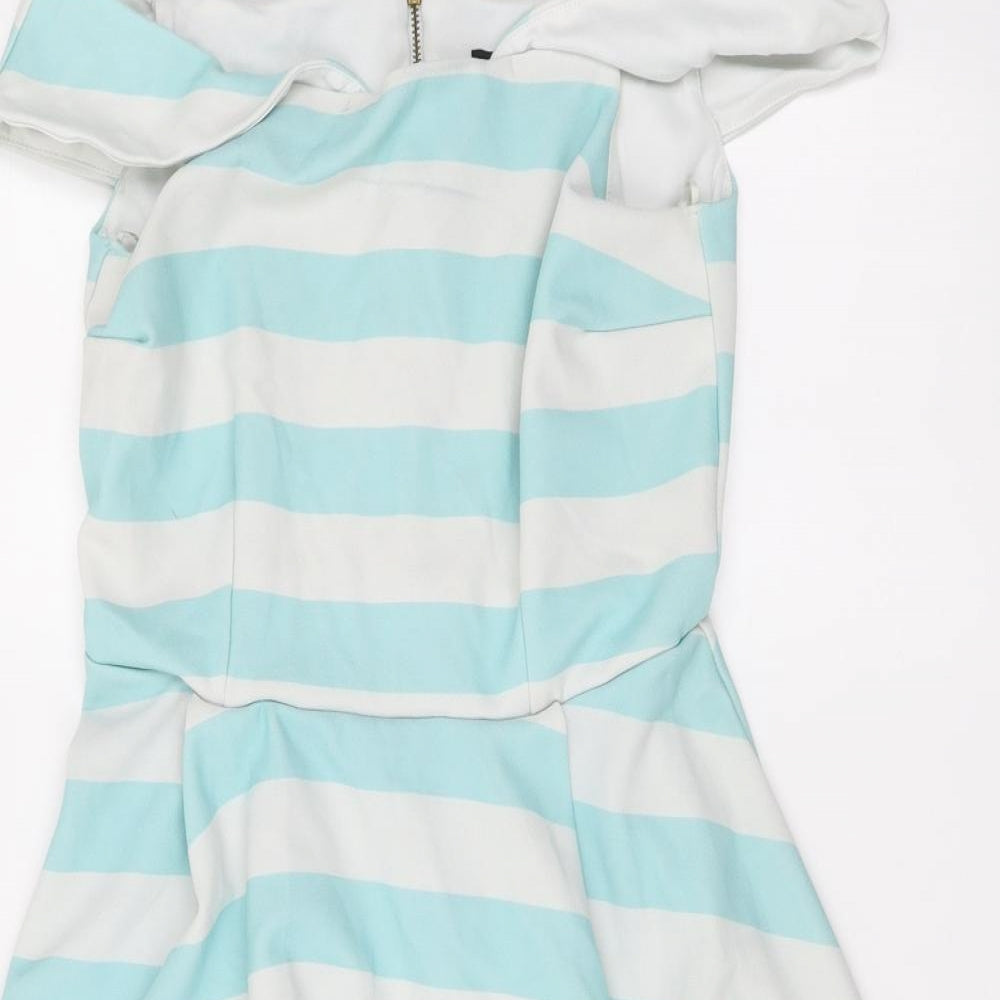 New Look Womens Blue Striped Polyester Mini Size 10 Off the Shoulder Zip